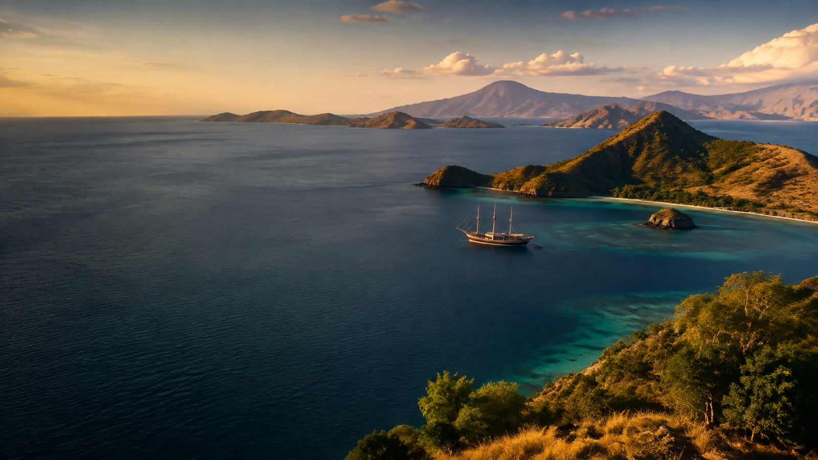 Kepulauan Indonesia dengan kapal phinisi saat matahari terbit